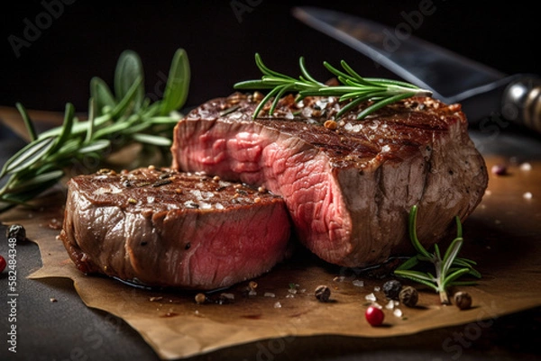 Obraz A steak on a cutting board with herbs and spices. Generative ai