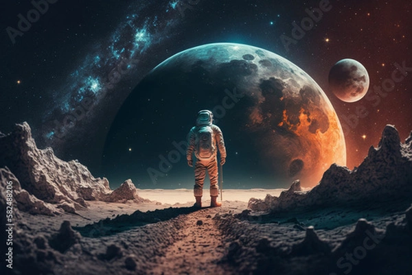 Fototapeta Amazed astronaut on the moon surface watches another planet. Space and universe exploration concept. Ai generated