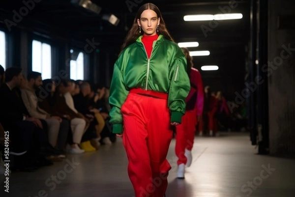 Fototapeta Fierce Fashionista Strutting on Runway Under Shamrock Green Lights. Generative AI.