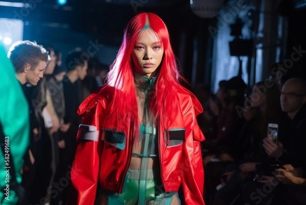 Fototapeta Fierce Fashionista Strutting on Runway Under Shamrock Green Lights. Generative AI.