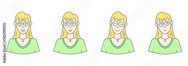 Fototapeta Set of a young girl with glasses heads with different expressions and in flat style. Character network people and faces collection.