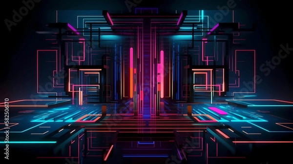 Fototapeta A futuristic neon abstract background with metallic shapes. digital art illustration. generative AI.