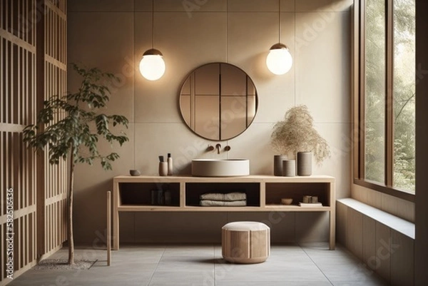 Fototapeta Restroom, Contemporary Japandi, Minimalist, Scandinavian Interior Design with Clean Lines, Natural Lighting, and Soft Neutral Colors. Hygge architecture. Generative AI