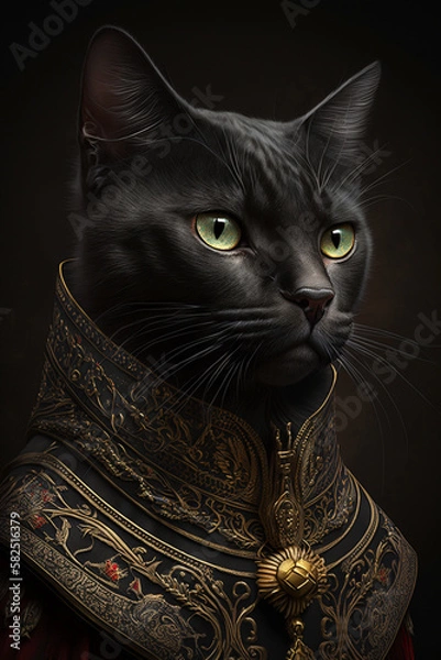 Fototapeta Portrait fantasy black cat, black gold clothing, generative AI