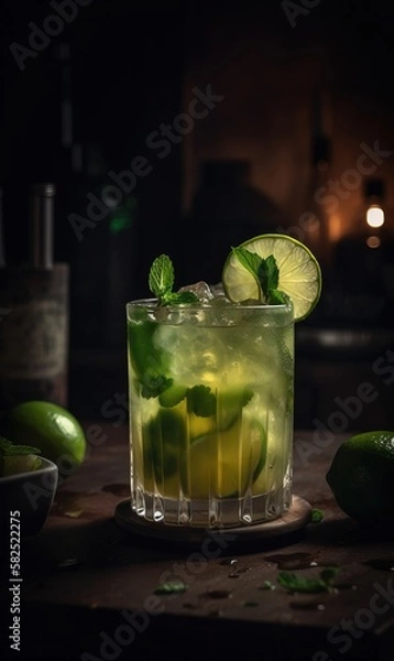 Fototapeta Brazilian Caipirinha. Typical Brazilian cocktail made with lemon, cachaça and sugar. Traditional brazil drink. Generative AI.
