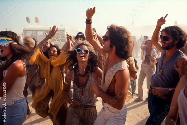 Obraz Group of friends laughing, having fun and partying in a dirty desert festival together. generative AI