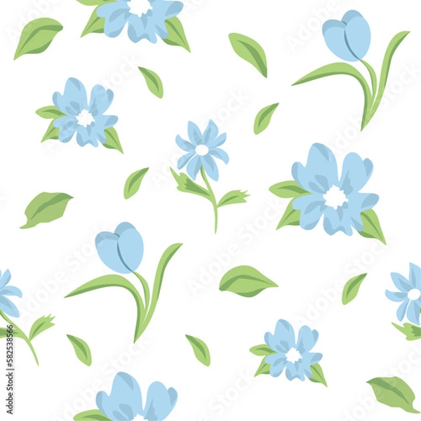 Fototapeta blue flowers seamless pattern, pastel seamless pattern, illustration, flowers, gentle seamless flower pattern, soft flower seamless pattern,