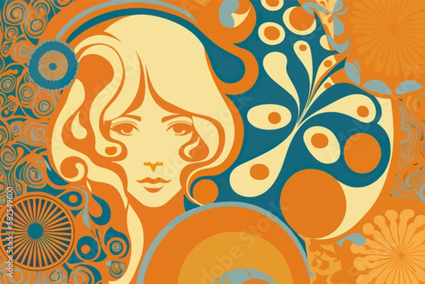Fototapeta 60's style pattern with abstract female face.