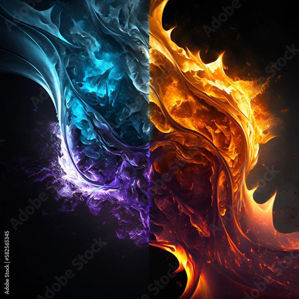Obraz Red, blue, and purple fire on black background, Abstract fire, and ice Background, Contrast, ying yang concept ai generated 