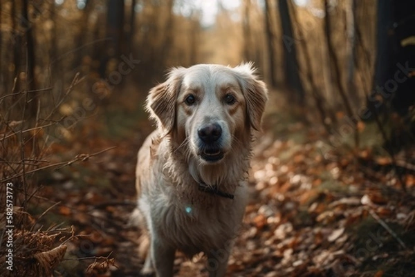 Fototapeta The dog walks in the woods. Close up. Generative AI