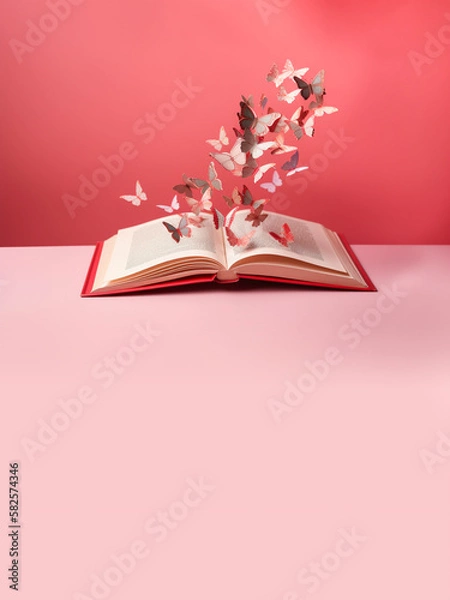Fototapeta Storytelling book writing concept, romance theme, butterflies flying over open book illustration vertical poster, copy space on pastel pink background. Generative AI