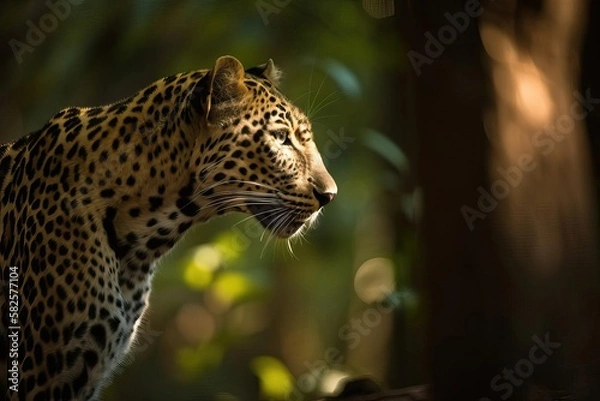 Obraz Elusive Sri Lankan Leopard Stalking in the Dense Forests, created with Generative AI technology