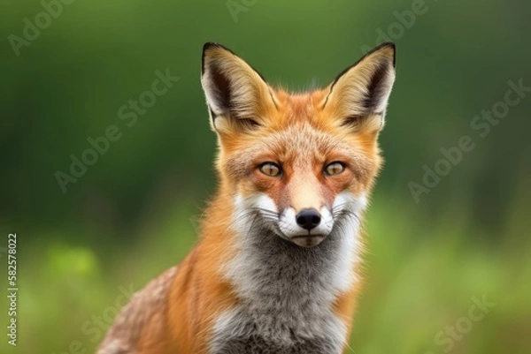 Fototapeta Red Fox Standing Against a Green Background of Nature. Generative AI