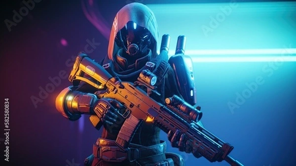 Fototapeta Futuristic game character hero soldier in armor wears night vision helmet holds assault rifle weapon on night light dangerous cyberpunk gameplay cinematic scene. Generative AI