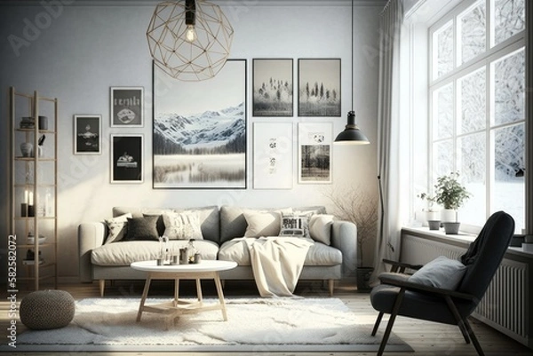 Fototapeta Modern scandinavian living room interior - 3d render Generative AI