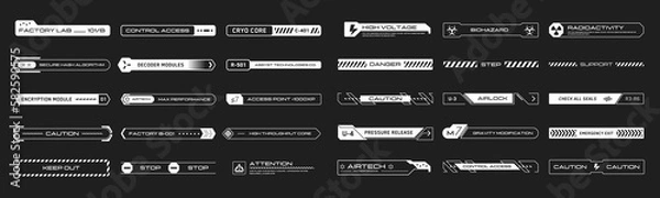 Obraz Cyberpunk decals set. Set of vector stickers and labels in futuristic style. Inscriptions and symbols for danger, attention, Caution, etc. Buttons for websites, mobile applications.