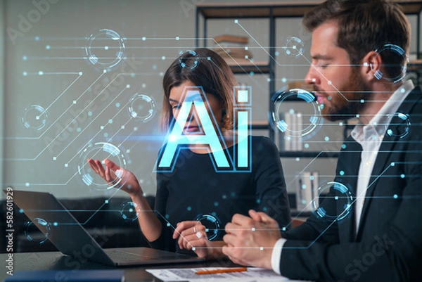 Fototapeta Thoughtful businesspeople working together at office workplace. Concept of team work, business education, internet surfing, brainstorm, project information technology. Ai technology icons