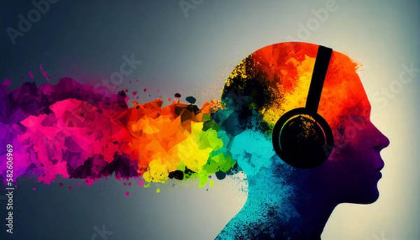 Fototapeta illustration of head listening to music in an explosion of color created with generative AI technology	