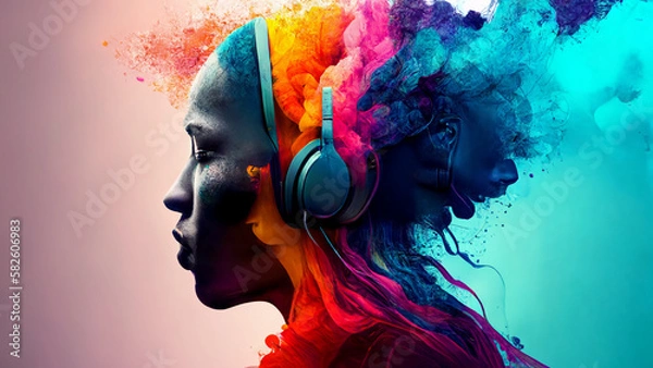Fototapeta human head listening to music in an explosion of color created with generative AI technology	