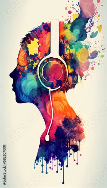 Fototapeta multicolored head with headphones listening to music in an explosion of color iphone backgroundcreated with generative AI technology	
