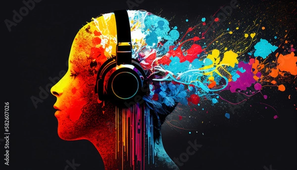 Fototapeta multicolored head listening to music in an explosion of color on black background created with generative AI technology	