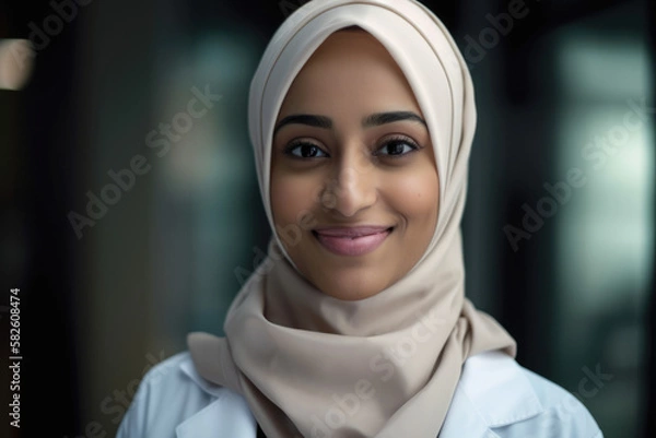 Fototapeta Close-up of a female doctor wearing a hijab and lab coat, looking at the camera with a warm, compassionate smile, symbolizing empathy and cultural diversity, generative ai