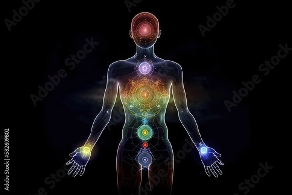 Fototapeta Human Body with Full Chakra Activation, Caused by Enlightment with Yoga Meditation, but also connected to AI in Astral Plane, generative ai
