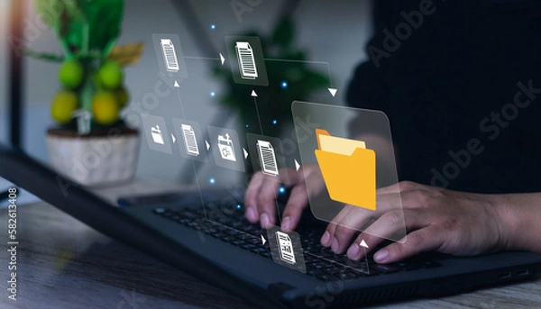 Fototapeta Document Management System concept. Enterprise content management, Digital asset management, Document imaging, Workflow, Records management, Online document file data software for efficient archiving