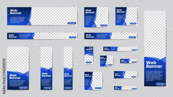 Obraz Business banner standard size in horizontal and vertical rectangle square template set for web design. Transparent gradient blue geometric curve shapes header with place of photos. Vector.