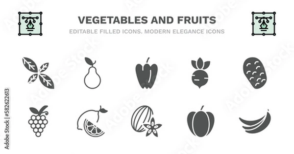 Fototapeta set of vegetables and fruits filled icons. vegetables and fruits glyph icons such as pear, paprika, radish, potato, grapes, grapes, lemon, carambola, pepper, banana vector.