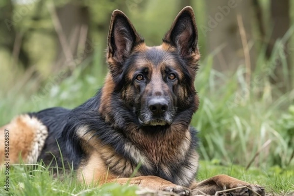 Fototapeta Three year old German Shepherd in frontal photograph. On the grass, lying down in Friesland, Netherlands. Generative AI