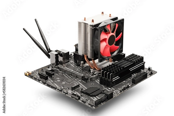 Obraz Motherboard assembly with processor, cooler and DDR4.