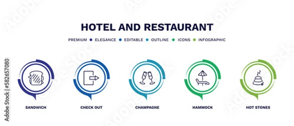 Fototapeta set of hotel and restaurant thin line icons. hotel and restaurant outline icons with infographic template. linear icons such as sandwich, check out, champagne, hammock, hot stones vector.