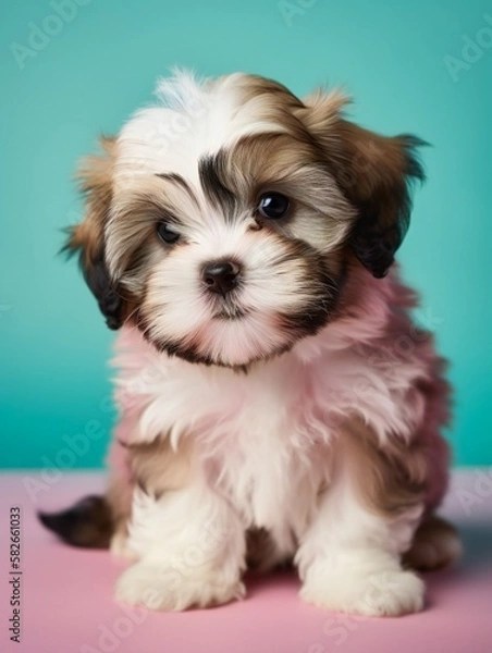 Fototapeta portrait photo of a puppy, isolated on a pastel color background