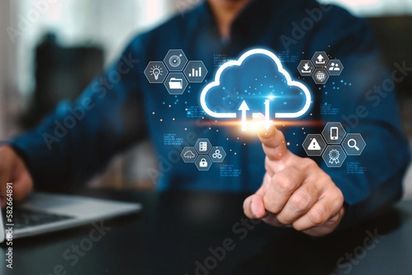 Fototapeta Database storage cloud technology file data transfer sharing, cyber, big data information for financial online marketing, internet banking application or computer download upload backup cloud drive.
