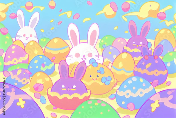 Fototapeta Colorful Easter Bunnies and Eggs Illustration