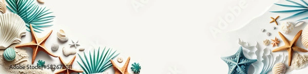 Fototapeta beach / sea themed banner or header with beautiful shells, corals and starfish on pure white sand - summer concept