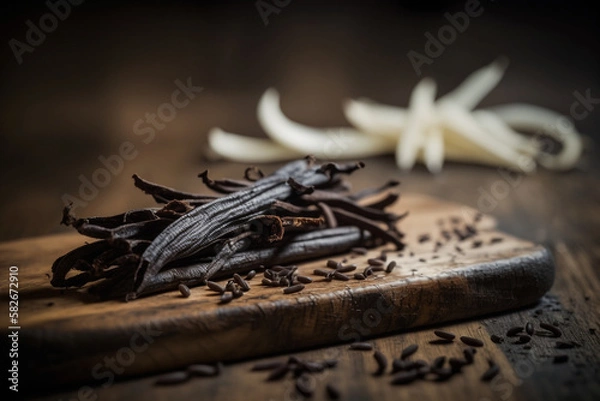 Fototapeta Vanilla Dreamscape: An intricate illustration of luscious vanilla beans on a wooden board. Ai generated.