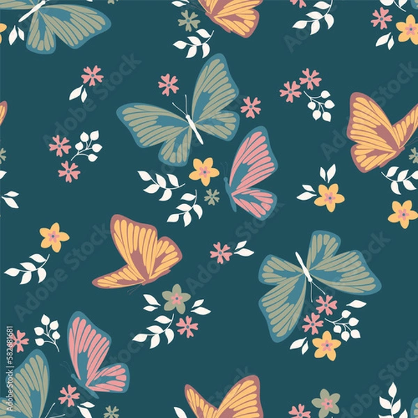 Fototapeta Spring theme seamless pattern with butterflies and flowers. Vector illustration.