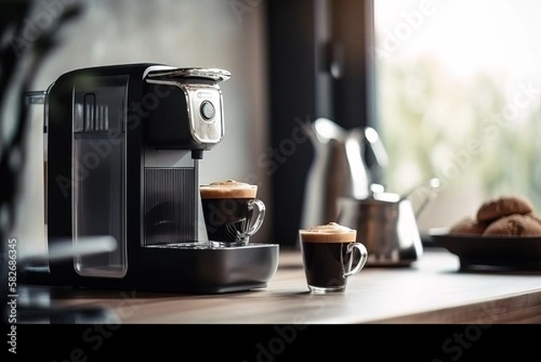 Obraz The first coffee of the day at a beautiful modern kitchen with a beautiful light house. Concept: The calm of a coffee at home with the coffee machine. Generative ai