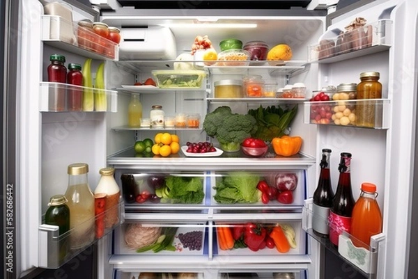 Obraz A vegan refrigerator or fridge full of vegetables and fruits ready to start a diet. Concept: Vegetables contributes of healthy diet. Generative ai.