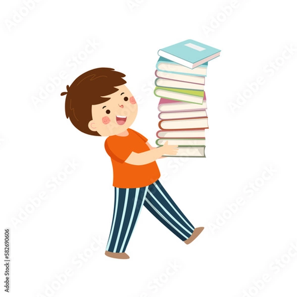 Fototapeta Vector cartoon little boy holding pile of books