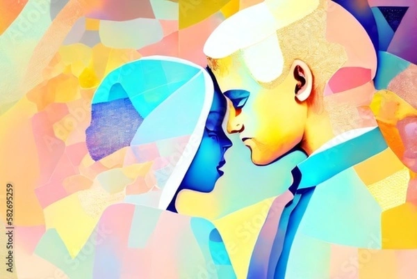 Fototapeta The abstract faces of people looking at each other. Male and female heads looking with colorful patterns of the Universe on the subject of internal reality, unity of life. Created with generative AI