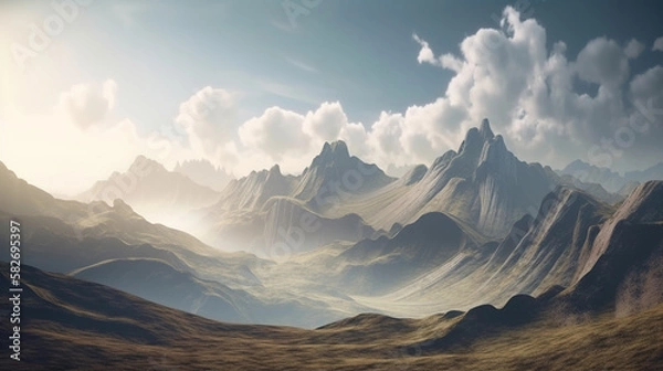 Fototapeta 3D Rendered Abstract Panoramic Background Featuring Majestic Rocky Mountains: A Breathtaking Terrain Wallpaper for Your Desktop or Mobile Device. generative ai.
