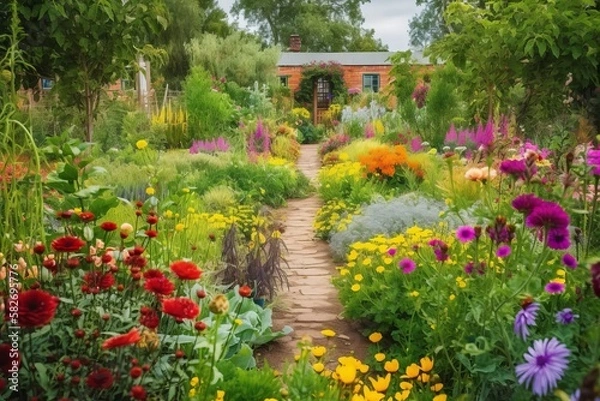 Obraz Bunter Garten mit Blumen und Gemüse im Frühling