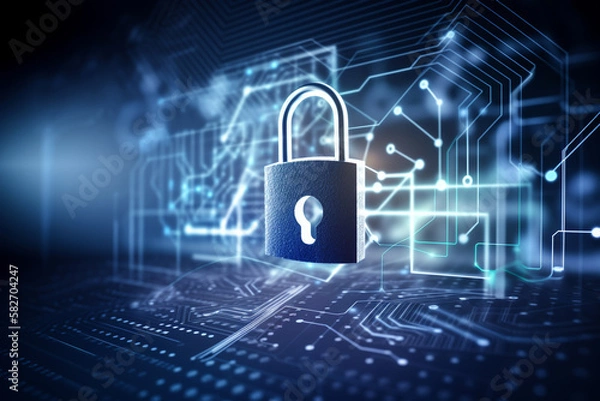 Obraz Cyber security concept and information or network protection. Lock, padlock. Symbols, point connecting network on blue background. Illustration. Image is AI generated.