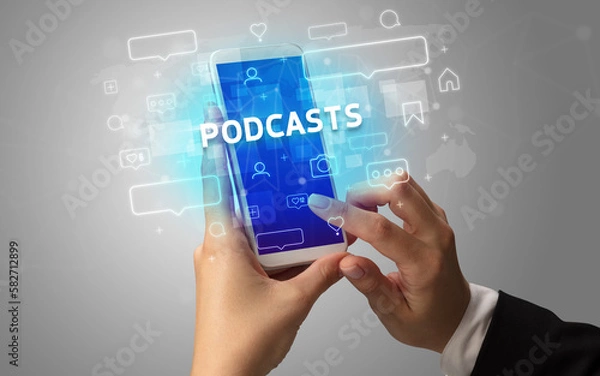 Fototapeta Hand using smartphone with social media concept