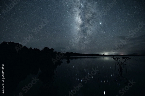 Obraz 沖縄県小浜島水面に映る天の川とマングローブ