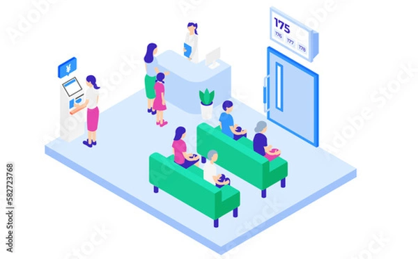 Obraz 待合室と人々のアイソメトリックイラスト(クリニック・病院).