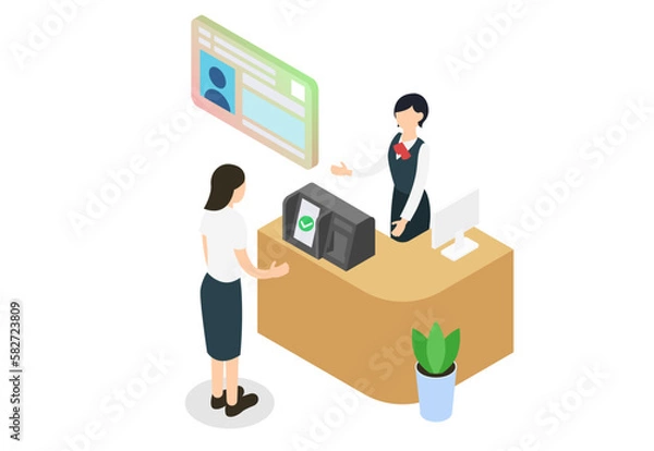 Fototapeta 窓口でのマイナンバーカードによるオンライン資格確認のアイソメトリックイラスト